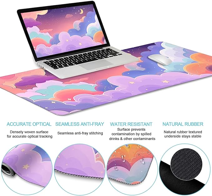 Purple Mouse Pad Large Desk Mat Set Kawaii Clouds Ergonomic Mouse Pad with Wrist Rest Keyboard Wrist Support XXL Mousepad Cup Coaster Set Cute Purple Office Desk Accessories Decor Supplies