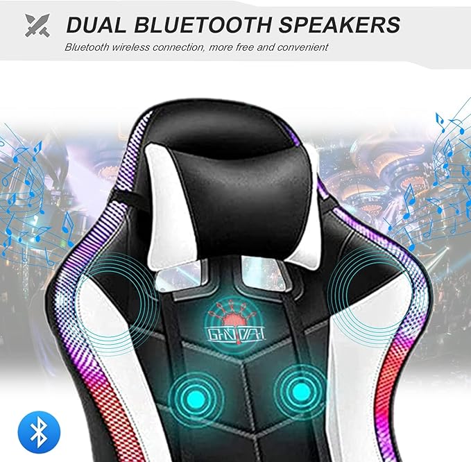 XOOFMASS Massage Gaming Chair with RGB LED Lights and Speakers Video Game Chair Swivel Reclining Racing Office Chair with Headrest &amp Lumbar Support PU Leather High Back Computer ChairPink