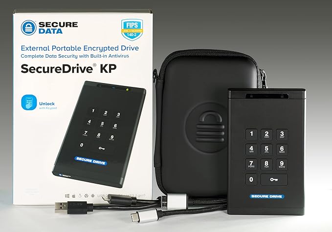 SecureData SecureDrive KP 1TB SSD Hardware Encrypted USB 3.0 External Drive FIPS 140-2 Level 3 Unlock via Keypad TAA Compliant CJIS HIPAA CMMC GDPR Compliant Works with Mac and Win Free AV