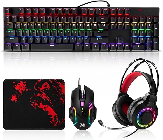 Gaming Mechanical Keyboard and Mouse and Mouse pad and Gaming Headset Wired LED RGB Backlight Bundle for PC Gamers and Xbox and PS4 Users - 4 in 1 Edition