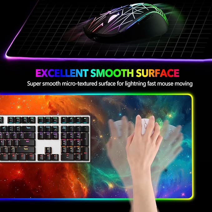 AIMSA Large RGB Gaming Mouse Pad Keyboard Mousepad Led Extended 35.4 x 15.8 inch Non-Slip Rubber Base with 14 Lighting Modes Big Desk Mat Waterproof Galaxy Nebula