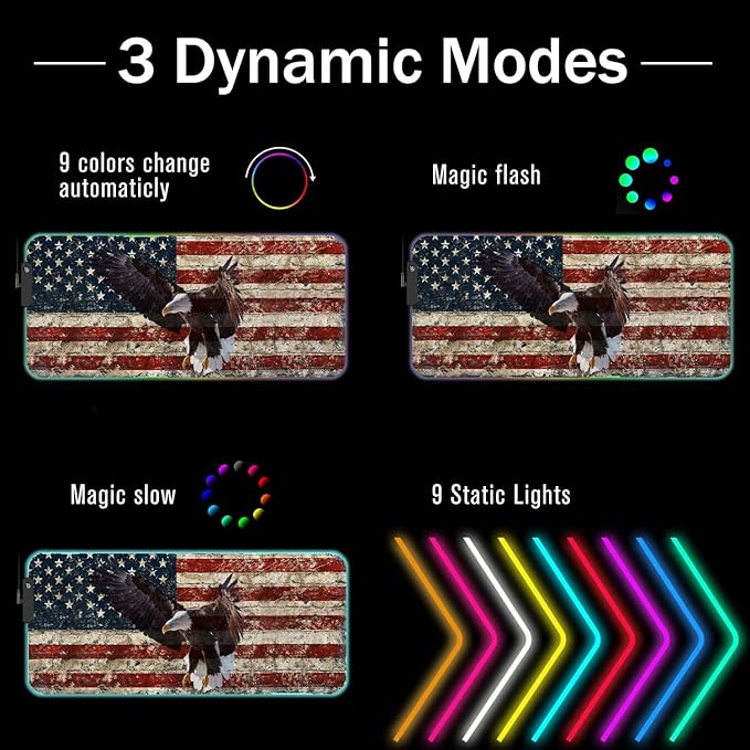 RGB Gaming Mouse Pad with Coffee Coaster XXL Large Glowing LED Mousepad Anti-Slip Rubber Base Computer Keyboard Desk Mouse Mat 31.5 X 11.8 Inch - Military Wall Graffiti USA Flag Bald Eagle