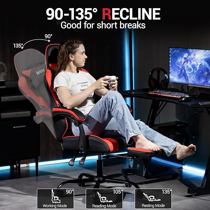 Gaming Chair with Footrest for Adults - PU Leather Video Game Chair w/Massage Lumbar Support for Men Women Ernogomic Computer Gamer Chair for Home Office Height Adjustable Red