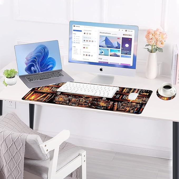 Large Keyboard Mouse Pad Set Extended Mouse Pad+Keyboard Wrist Rest Support Memory Foam Ergonomic Easy Typing 4Pcs (31.5×11.8 in) Desk Pad Set for Office HomeVintage Bookshelf