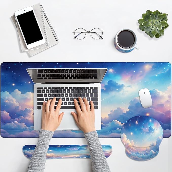 Arttown Starry Sky Desk Mat Cloud Colorful Mouse Pad Set 4 in 1 Beauty Night Sky Ergonomic Design Large Desk Pad + Keyboard Wrist Rest + Mouse Wrist Rest + Coaster Suitable for Home Office Study Game