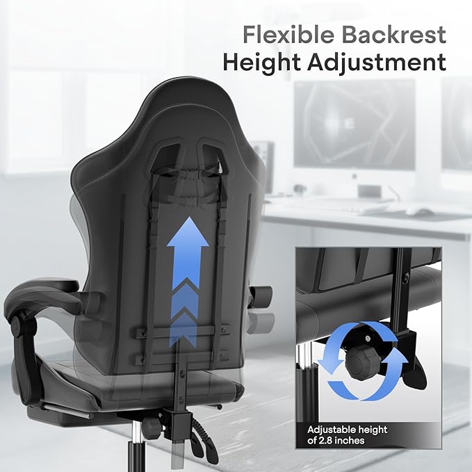 Athena Collection Ergonomic Gaming Chair with Footrest &amp Headrest Lumbar Support Height Adjustable Swivel Office Chair Reclining Game Chair Leather High Back Computer Chair for Adults Kids Black