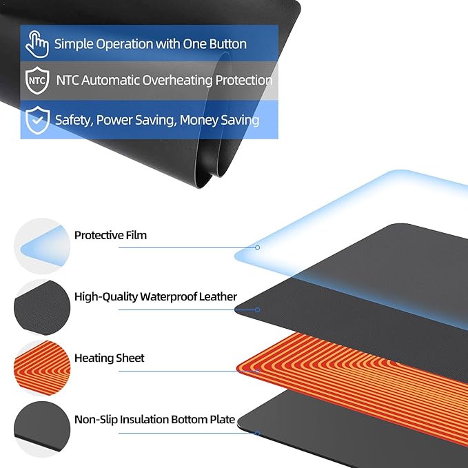 Heated Desk Pad Mouse Pad - Heated Desk Mat - Warm Desk Pad - 3 Levels Heating &amp 4 Hours Auto Shut-Off PU Leather Mouse Pad - 31.5 x 13 inch(Dull Black)