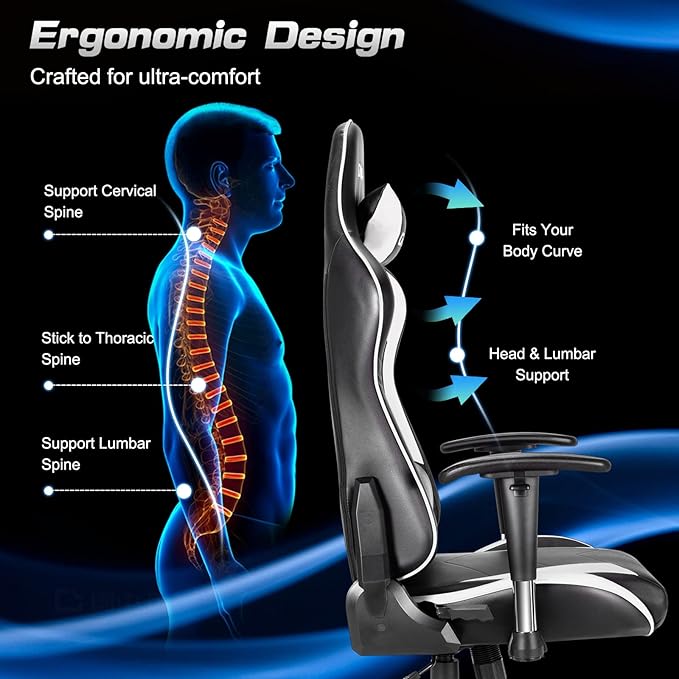 GYMAX Computer Gaming Chair Racing Style Office Chair with Adjustable Lumbar Support Headrest 360° Swivel Height Adjustable Ergonomic Reclining Gaming Chair for Home Office Leisure Room (White)