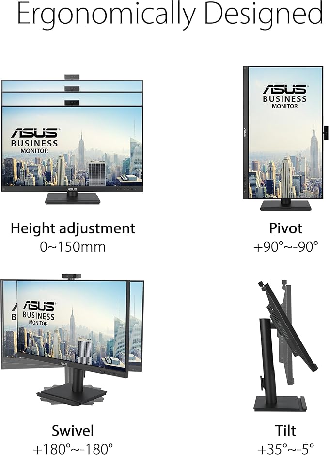 ASUS 27” 1080P Video Conferencing Monitor (BE279QFK) - Full HD IPS 100Hz Frameless Built-in Webcam Mic Array Speaker Height Adjustable Ergonomic Design Eye Care Wall Mountable 3 yr warranty