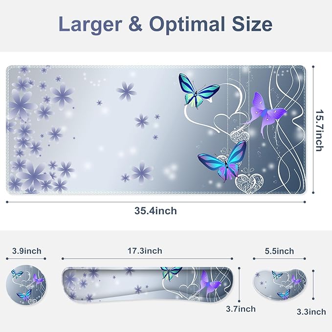 Cute Butterfly Desk Mat Florals 4 in1 Large Gaming Mouse Pad Set Ergonomics Keyboard Pad with Memory Foam Wrist Rest Extended Game Mousepad Non-Slip Desk Protector Matt Easy Typing Pain Relief