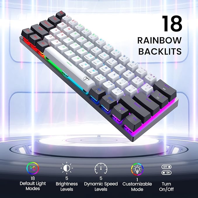 Portable 60% Mechanical Gaming KeyboardWired ErgonomicKeyboard with Red Switches18 LED Backlit Keyboard61 Keys Ultra-Compact Mini OfficeKeyboard for PC/Mac/XboxEasy to Carry On Trip-Black/White