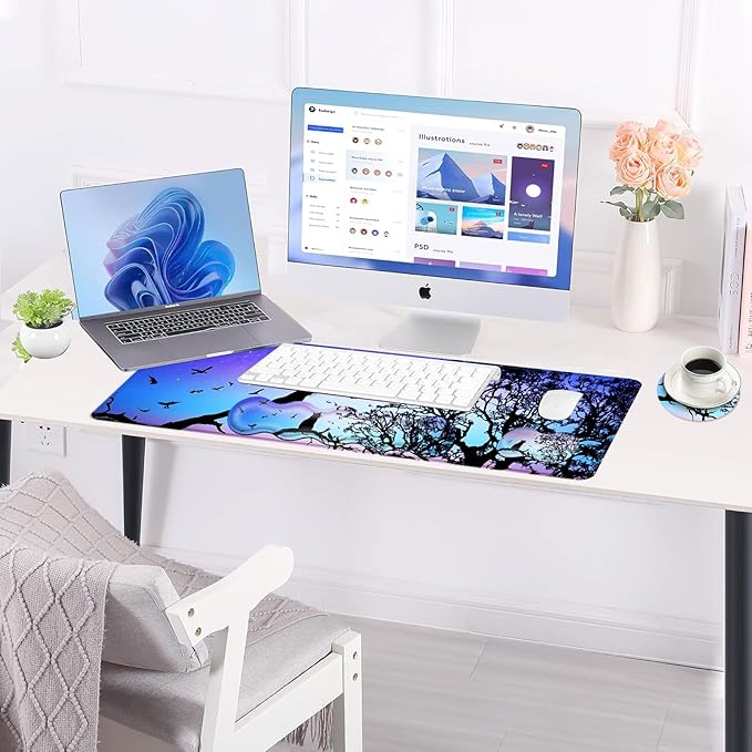 Large Keyboard Mouse Pad Set Extended Mouse Pad+Keyboard Wrist Rest Support Memory Foam Ergonomic Easy Typing 4Pcs (31.5×11.8 in) Desk Pad Set for Office HomeBlack Cat Under Starry Night