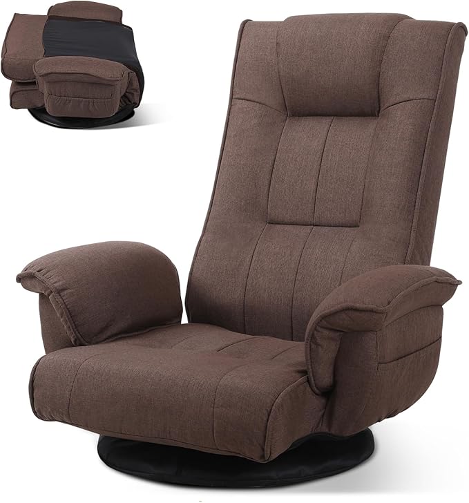 Linen Fabric Ergonomic Gaming Chair 6-Position Reclining Sofa Bed with Lumbar Support Foldable Floor Lounger with Thick Cushion Armrests &amp Side Pockets for Esports Reading Napping (Brown)