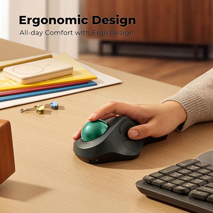 Wireless Trackball Mouse for Large Hands Ergonomic Index Finger Control Rechargeable Bluetooth/USB Mouse with Precise Smooth Tracking Multi-Device Connection for Windows &amp Mac Green