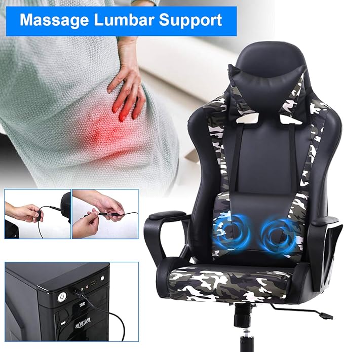 PC Gaming Chair Office Racing Desk Chair With Lumbar Support Arms Headrest Massage - High Back PU Leather Ergonomic Computer Chair Adjustable Swivel for Women Men Adult Camo