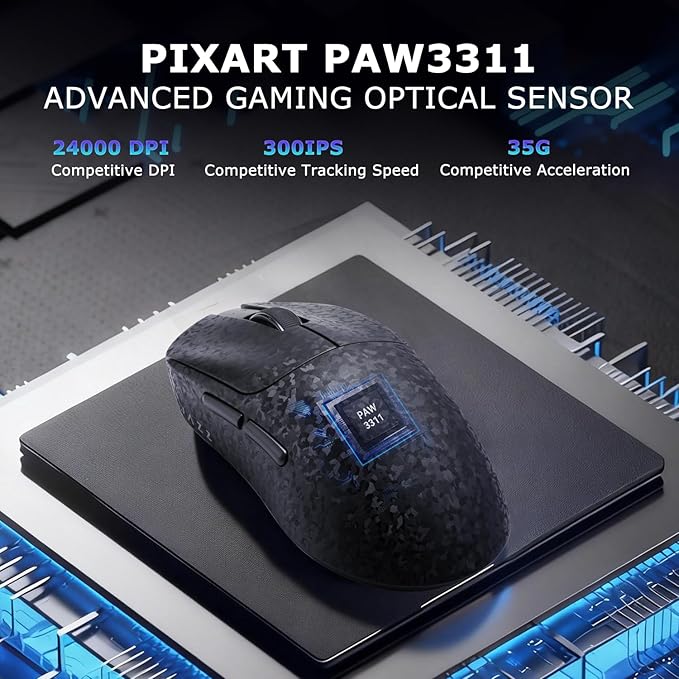 Ajazz AJ199 Wireless Gaming Mouse Carbon Fiber Shell Tri-Mode 2.4G/Bluetooth/USB-C 58g Ultra-Lightweight PAW3311 Sensor up to 24000 DPI 500mAh Battery for PC/Mac/Game/Travel Black