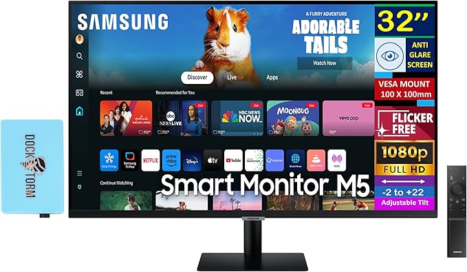 Samsung 32 Smart FHD VA Monitor with HDR10 4ms Response Time Anti Glare Flicker Free VESA Mount (100mm) HDMI &amp Dockztorm USB Port Expander Black Color