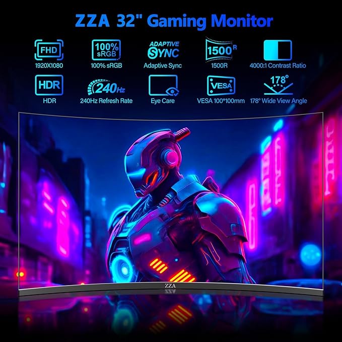 ZZA 32 Inch Curved Gaming Monitor 240hz1K 1080P Computer PC Monitor with 1500R |1ms (GTG) | HDR 600|Curved|122% sRGB|DP/HDMI|VESA|FreeSync &amp G-SynMount Business Office Casual Gaming Monitors