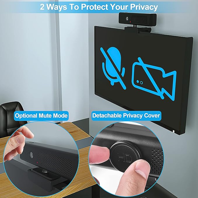 ROTOPATA Webcam with Speakers and Mic Full HD 1080P/30FPS Computer Camera for Streaming Video Conference  4 Noise-Cancelling Mics Privacy Cover 90°FOV USB-A Webcam for PC Desktop Monitor Laptop