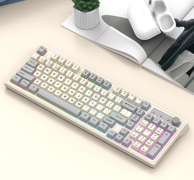 Docooler Gaming Keyboard Dual-Mode BT/2..4GHz Mechanical Keyboard with Backlit Rechargeable Keyboard 98 Keys Wireless Keyboard with Volume Control Knob for Computer Laptop PC - Gray/Blue/Shimmer