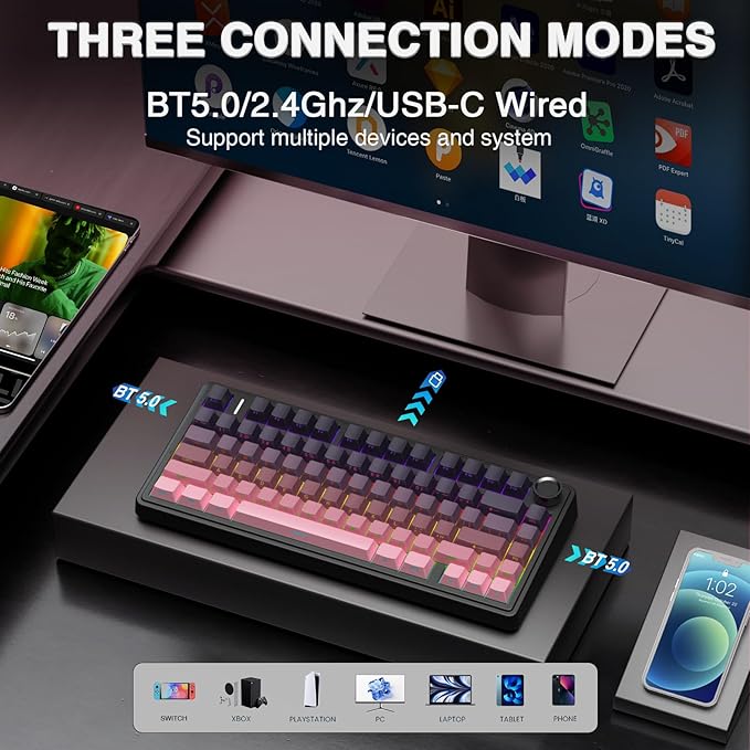 AULA F75 Pro Wireless Mechanical Keyboard75% Hot Swappable Custom KeyboardRGB BacklitPre-lubed Reaper SwitchesSide Printed PBT Keycaps Mechanical Gaming Keyboards Pink&ampBlack