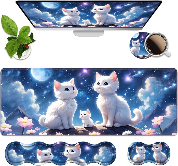 4 in 1 Ergonomic Memory Foam Mouse Pad Wrist Rest Set Large XXL Gaming Desk Pad + Keyboard Wrist Rest + Mouse Wrist Cushion + Coaster for Home Office Study Gaming Cute Cat