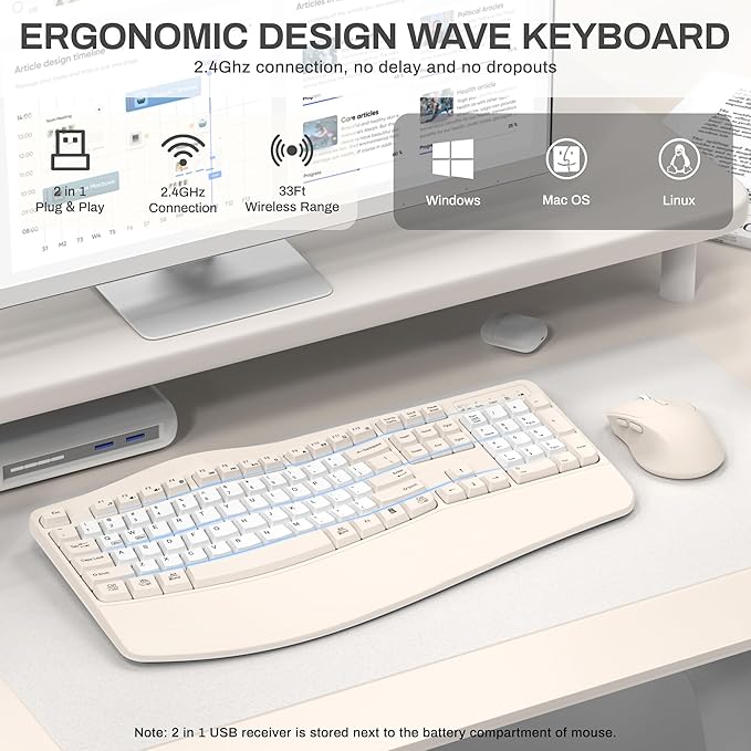 Ergonomic Wireless Keyboard and Mouse Combo Wave Keys Keyboard with Wrist Rest for Natural Typing 3 DPI Adjustable Ergonomic Silent Mouse for Computer/Laptop/Windows/Mac (Latte Color-B)