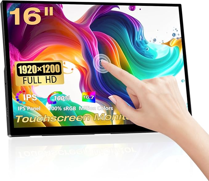Portable Touchscreen Monitor 16 Inch 1920X1200P Monitor IPS Touch Screen Monitor with USB C HDMI Port 300cd/m² External Monitor for Laptop PC Phones Computer Ras Pi