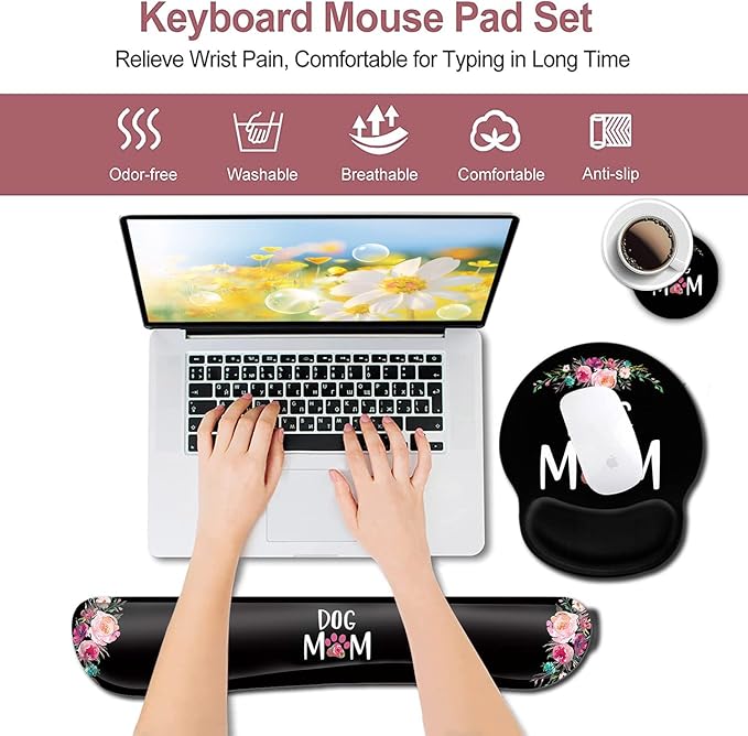 Mouse Pad with Gel Wrist Rest SupportErgonomic Soft Keyboard Wrist Rest to Relieve Wrist Fatigue Cute Dog Mom Floral and Black MousePads Desktop DecorationSuitable for Office Typing Games Mousepad