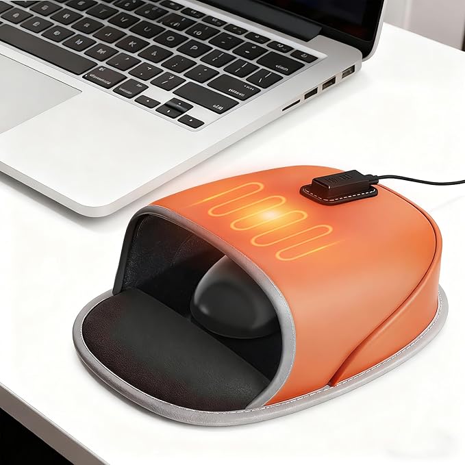 USB Heated Mouse Pad Hand Warmer3 Temperatures&ampTimer Settings Leather Hand Warmer Mouse Pad with Ergonomic Wrist Support DesignWorks with All PC MiceChristmas Gift for Office Work Home Game(Ora