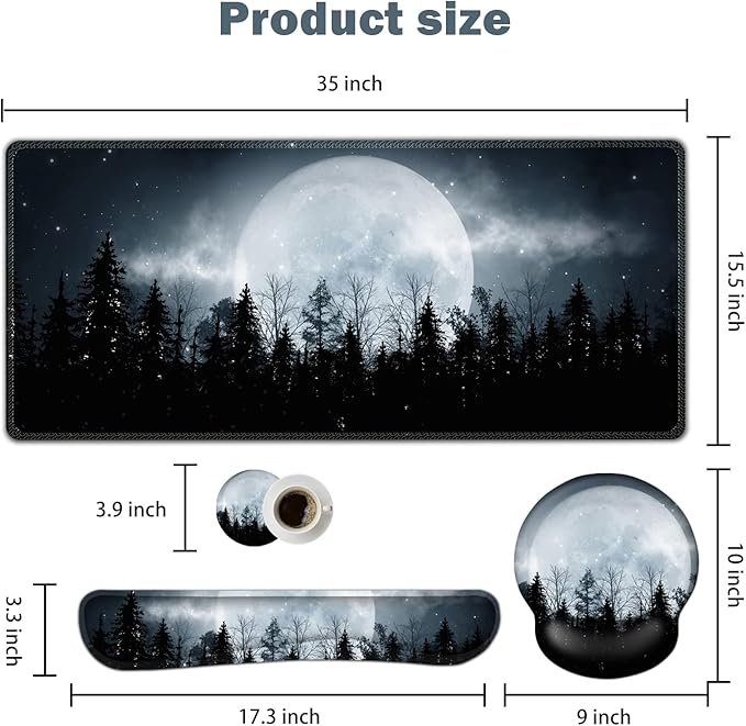 ARTSO Large Mouse Pad Ergonomic Keyboard Wrist Rest Support Memory Foam Extended Desk Mat Protector Non-Slip Desk Blotter for Office Home Night Moon Forest