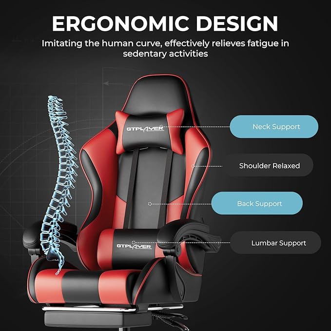 GTPLAYER Gaming Chair Computer Chair with Footrest and Lumbar Support Height Adjustable Game Chair with 360°-Swivel Seat and Headrest and for Office or Gaming (Faux Leather Red)