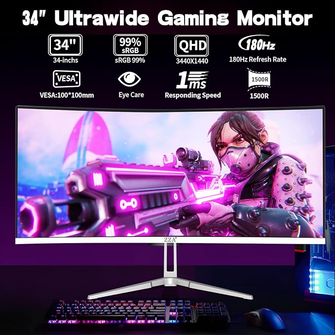 ZZA UltraWide 34 Inch Curved Monitor 1500R PC Screen 180hz Refresh Rate WQHD 3440x1440 Computer Gaming Monitor VA PanelAMD FreeSync Premium | HDR10 | 99% sRGB | VESA