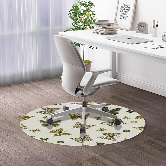 Brown Blue PU Leather Gaming Chair Mat Chair Mat for Hardwood Floor Butterfly in Watercolor Modern Minimalist Design Round Floor Mats for Office Chair Computer Desk Anti Slip Moth Diameter 47.2 in