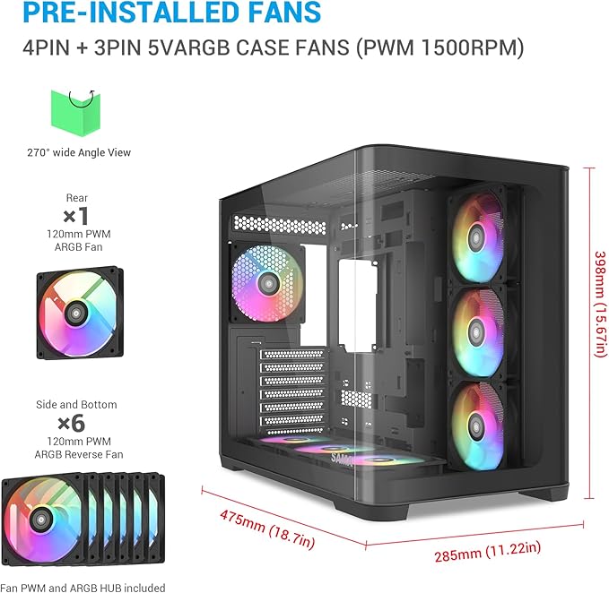 SAMA V60 Mid Tower PC Case Curved Tempered Glass Panel 7×120mm ARGB PWM Fans with Fan Hub USB Type-C High Airflow ATX PC Case for Case PC Gaming Back-Connect Ready 360mm AIO Support – Black