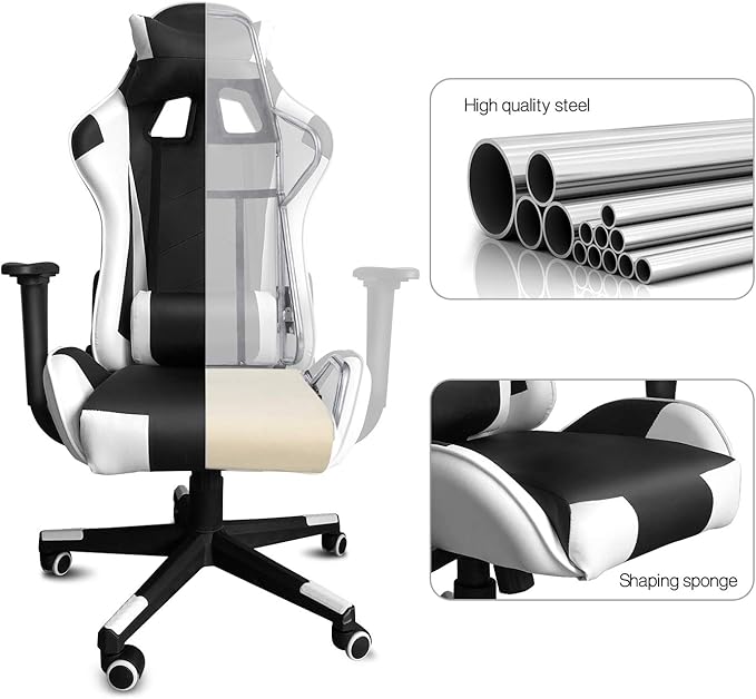 Modern-Depo Gaming Chair with Headrest and Lumbar Support Height Adjustable Swivel Office Chair High-Back Recliner White