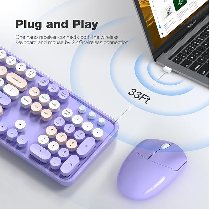Wireless Keyboard and Mouse Combo MOWUX Colorful Computer Full Size 2.4G Plug and Play Wireless Typewriter Keyboard and Mouse Set for Windows Computer Desktop PC Notebook (Purple Colorful)