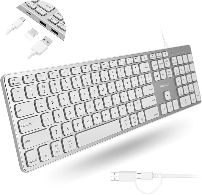 Macally Wired Keyboard for Mac with USB Hub (2X USB-A / 1x USB-C) - Compatible Backlit Apple Keyboard with Dual Interface - Auto OS Detection for Mac MacBook iMac PC Android iPad iOS - Silver