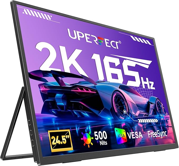 UPERFECT 24.5 2K Portable Monitor 165Hz Gaming Monitor 1ms FreeSync HDR IPS Large Mobile Screen Built-in 180° Adjustable Stand/VESA USB-C HDMI Second Screen for Laptop Phone Game Console