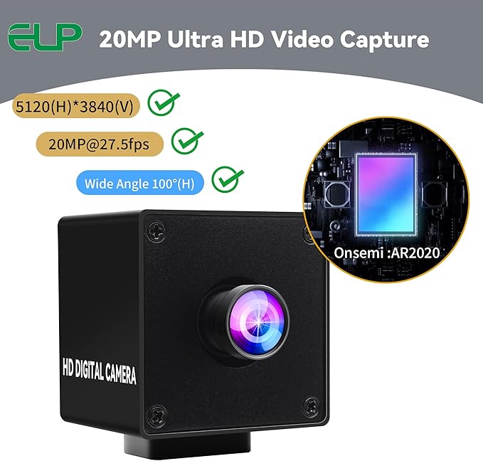 ELP Ultra HD 20MP USB3.0 Camera for Computer Mini UVC 3840P USB3.0/2.0 Lightburn Cameras for Windows Linux Mac Pi Wide Angle 95°(H) AR2020 High Speed 4K 30FPS Webcam for PC Laptop Jetson Nano