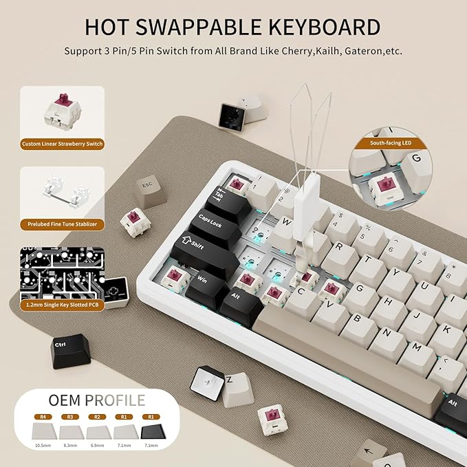 ATTACK SHARK X66 Wireless Mechanical Gaming Keyboard with KnobTri Mode USB-C/BT5.0/2.4G Gasket Mounted 60% RGB Gaming Keyboard 66KeysPBT Keycap Hot Swappable Custom Strawberry Switch(Cheese White)