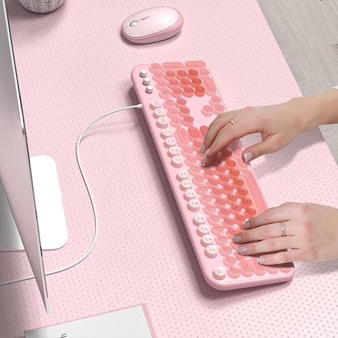 Wired Keyboard with Backlit Light Up Computer Keyboards with Multimedia Keys Full Size Wired Keyboard with Illuminated LED Plug and Play Anti-Wear Letters for Laptop Desktop- Pink Colorful