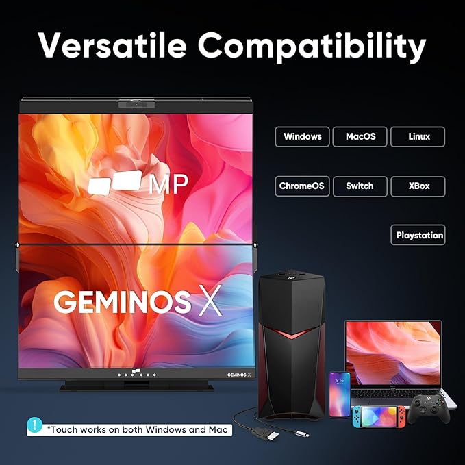 MP Mobile Pixels Geminos X (2 x 24 inch) Dual Stacked Computer Monitor All-Inclusive Workstation 65W USB-C Charging 2K Bottom Touchscreen 1080P Webcam&ampSpeakers USB-A/USB-C/HDMI (Renewed)