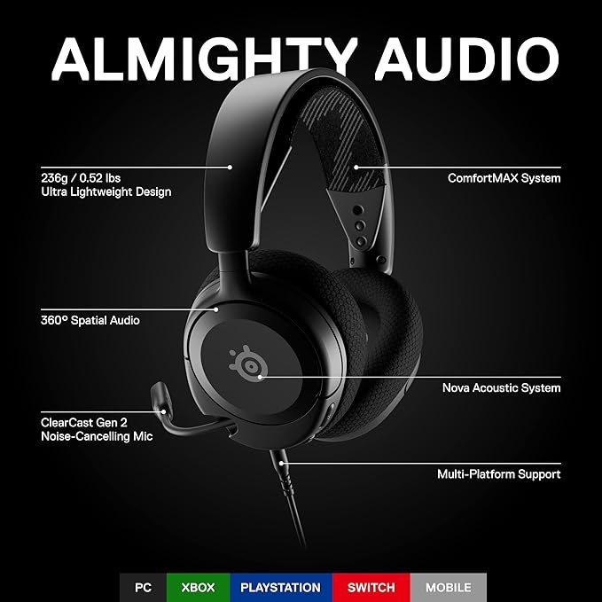 SteelSeries 61606 Arctis Nova 1 Gaming Headphones Wired Sealed Type Compatible with PC PS5 PS4 Switch Bi-Directional Microphone Noise Canceling Space Audio Hi-Fi Sound Adjustable Black