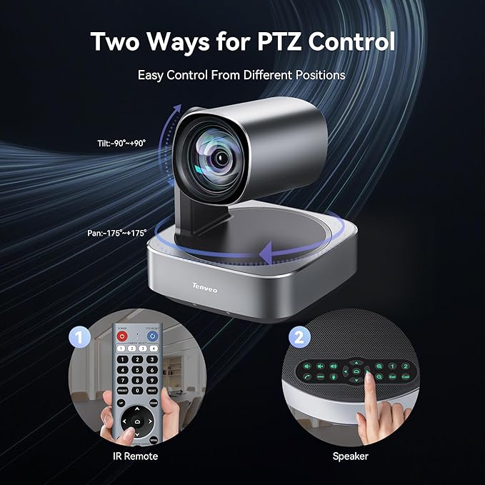 Tenveo 4K PTZ Conference Room Camera System AI Auto-Tracking 12X Optical Zoom USB3.0 HDMI PTZ Camera and Bluetooth Speakerphone with 2 Expansion Mics Kit Wide Angle for Large Room Meetings