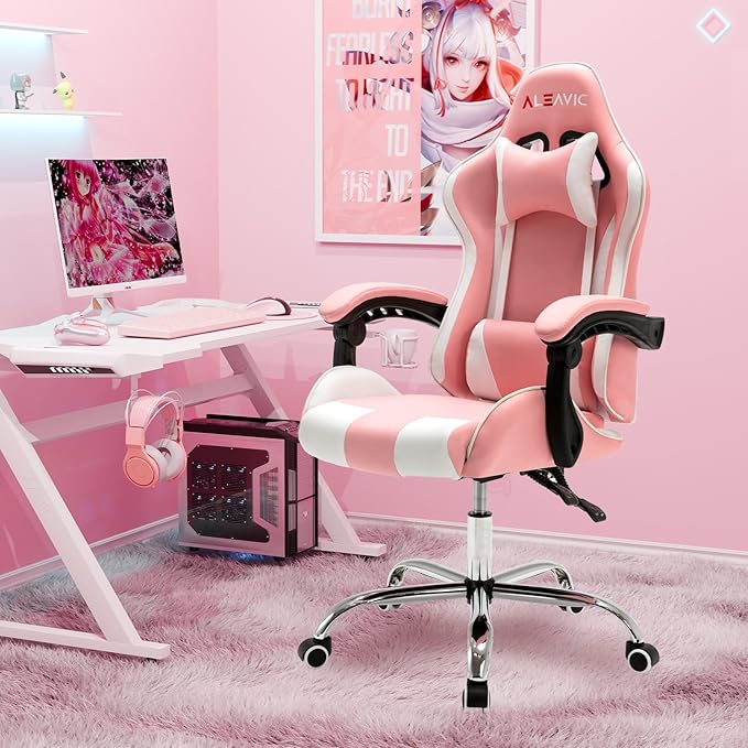 ALEAVIC Gaming Chair with Massager Fabric Gaming Chairs for Adults Ergonomic Gamer Chair with Adjustable Headrest and Lumbar Support Reclining Computer Game Chair High Back Pink White