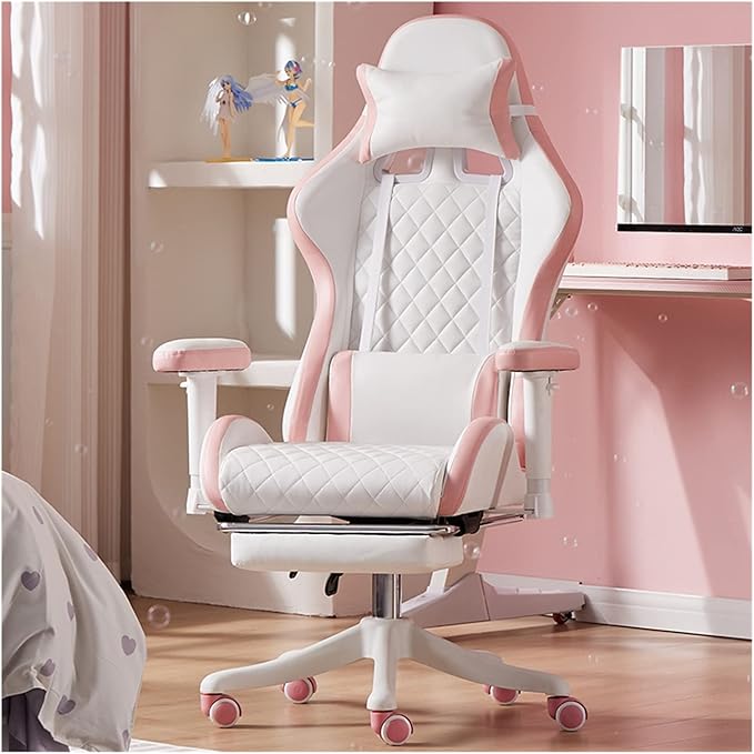 Adjustable Office Computer Chair with Armrest Chairs Pink Gaming Chair Girls Home Office Comfortable Game Swivel Gamer Computer(White Pedal)