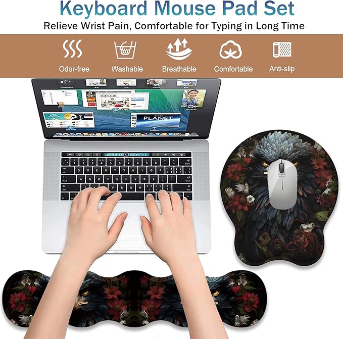 Ergonomic Keyboard Wrist Support Pad and Wrist Support Mouse Pad Anti-Slip with Gel Memory Mouse Pad Set Suitable for Office Use/Home Use - Dark Skull Flower Eagle