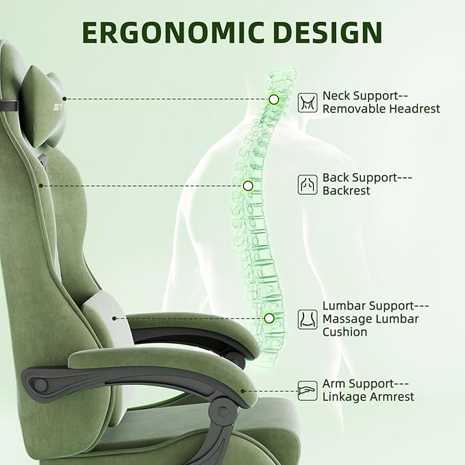 Ferghana Velvet Fabric Gaming Chair Ergonomic Gamer Chair for Adult Comfortable Video Game Chair with Footrest and Massage Lumbar Cushion Racing Reclining Office Home Computer Desk Chair Green
