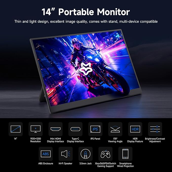 waveshare Luckfox 14inch Portable Monitor with Stand IPS Screen Mini HDMI Interface 1920 × 1200 Full HD 178° Viewing Angle ABS Case 100% sRGB High Color Gamut Supports HDR No Touch